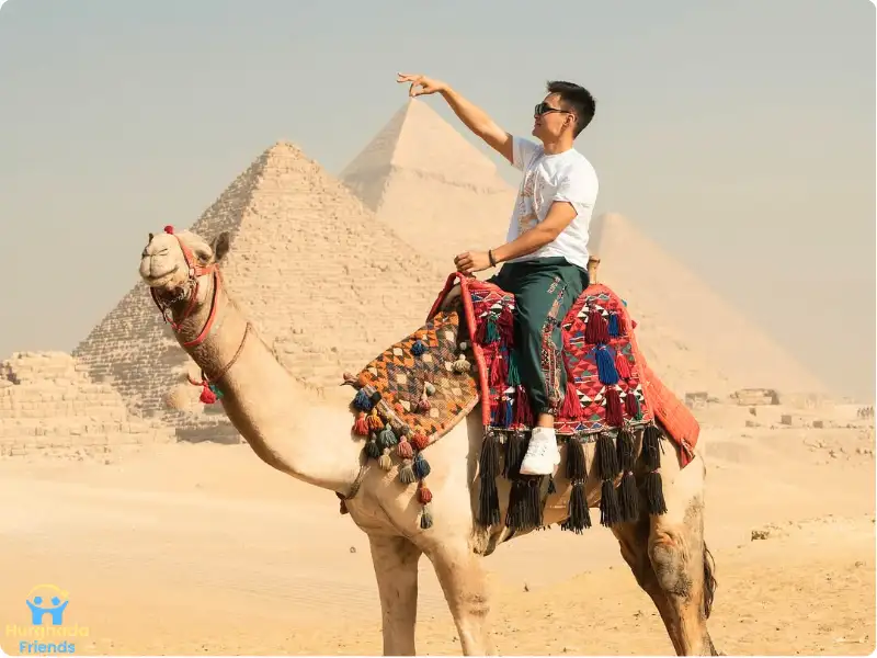 رجل يركب جملاً ويشير إلى عظمة الأهرامات في صحراء الجيزة